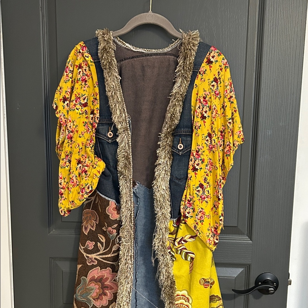 Hand created Floral Patchwork vest with Faux Fur Trim